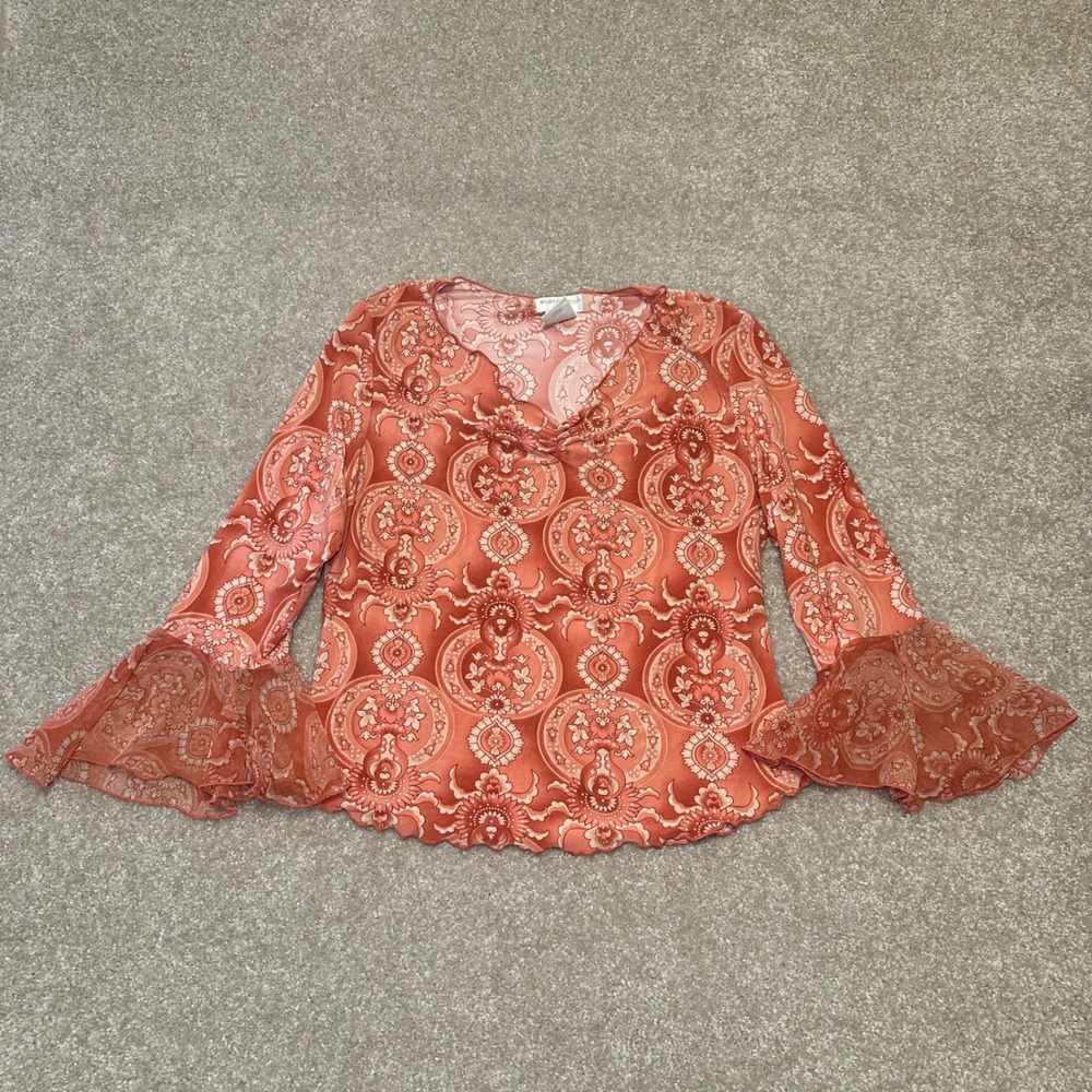 Worthington Petite Bell Sleeve Print Blouse Coral Pink Orange Women's Top size L